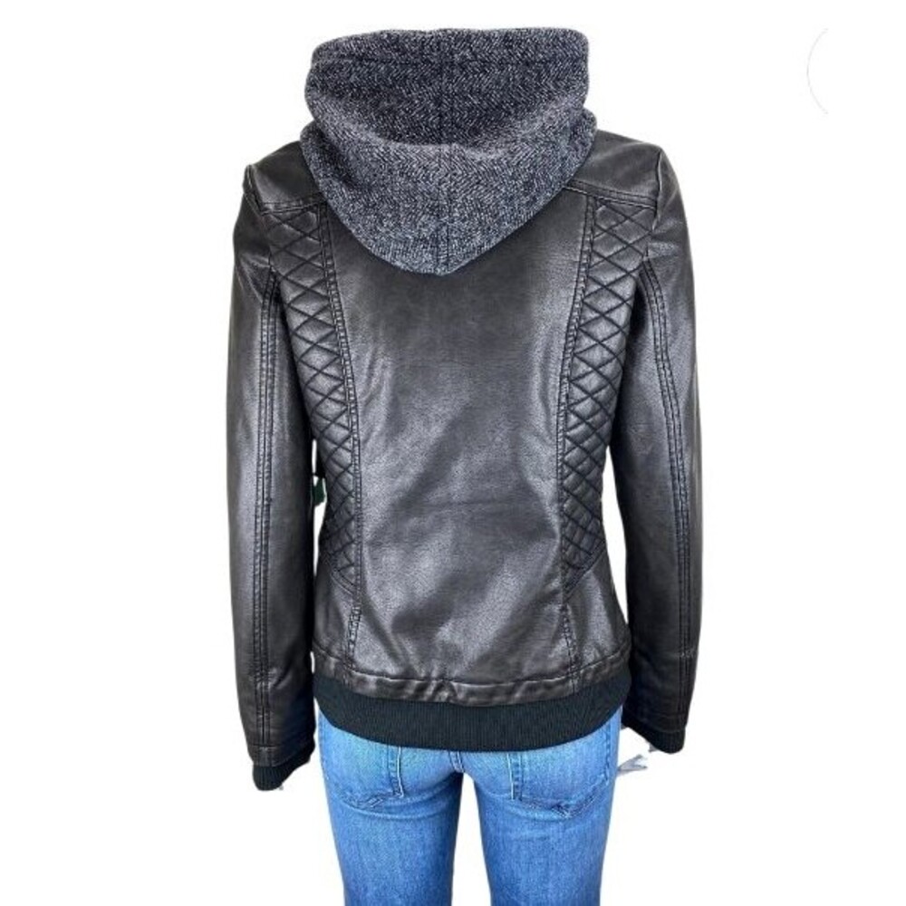 Stitch Fix Mo-Ka Womens Sz Large Gray Faux Leather Biker Jacket Meriam Knit Hood - Picture 3 of 6